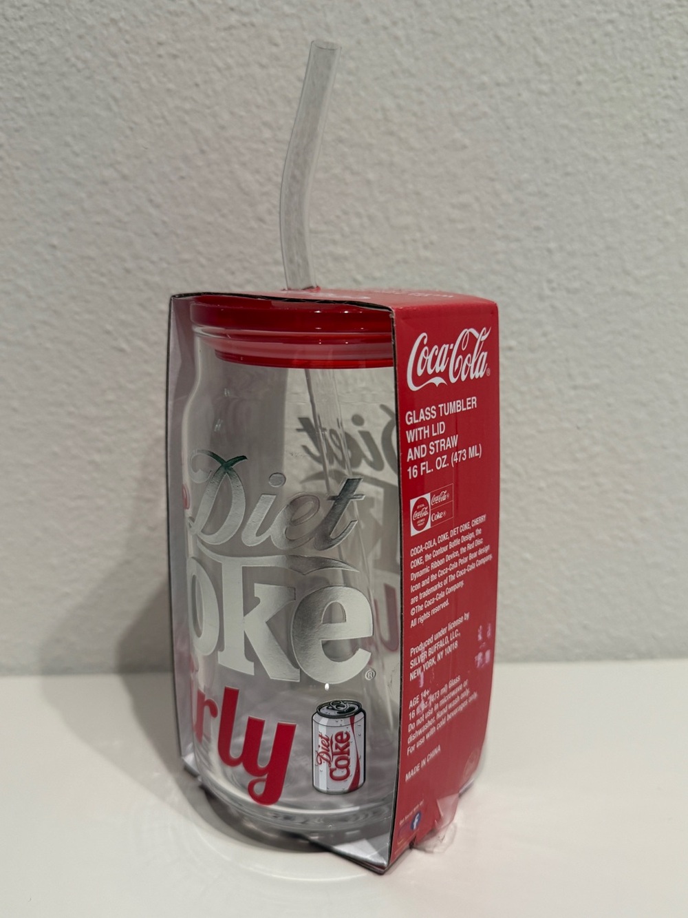 Coca-Cola Clear Glass Tumbler with Red Lid and Clear Straw